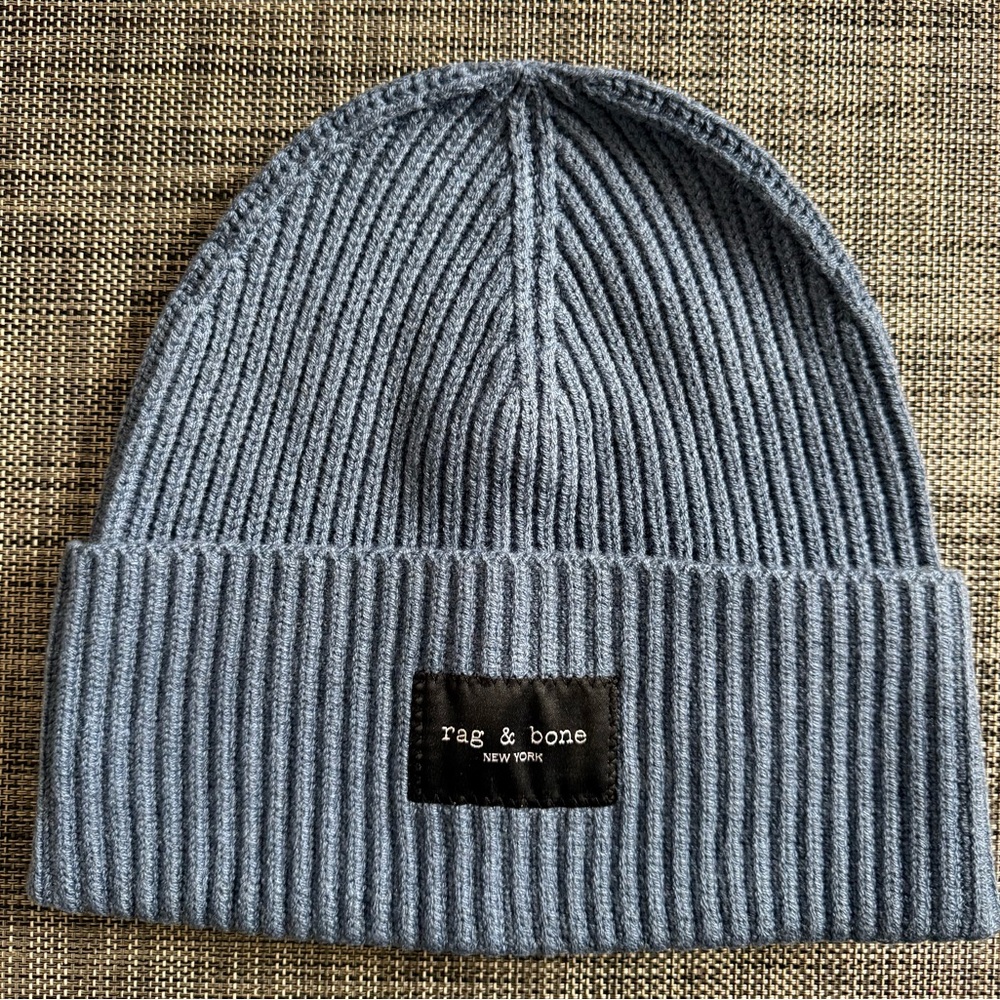 rag & bone Steel Blue Ribbed Knit Hat with Logo Patch